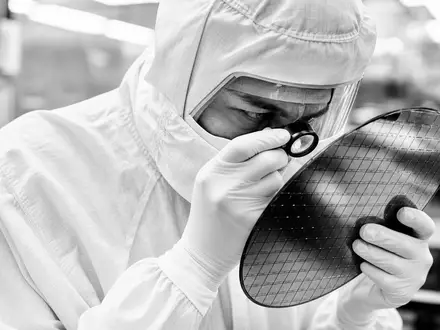 Intel Corporation US4581401001: Ingenieur im Reinraum prüft dokumentarisch einen Silizium-Wafer mit Lupe - Foto: THN
