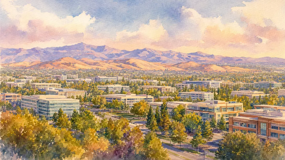 Soft watercolor panorama of Santa Clara California with low-rise tech campus buildings nestled among trees, rolling hills and distant mountains in warm pastel peach lavender and blue tones