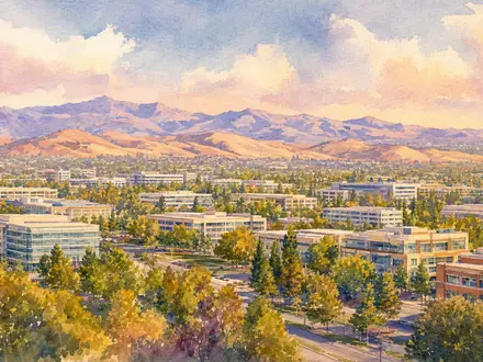 Intel Corporation US4581401001 Heimatstadt Santa Clara mit sanften Pastelltönen und Bergen im Aquarell-Stil - Foto: THN