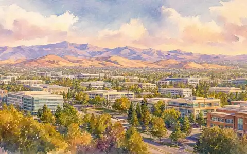 Intel Corporation US4581401001 Heimatstadt Santa Clara mit sanften Pastelltönen und Bergen im Aquarell-Stil - Foto: THN