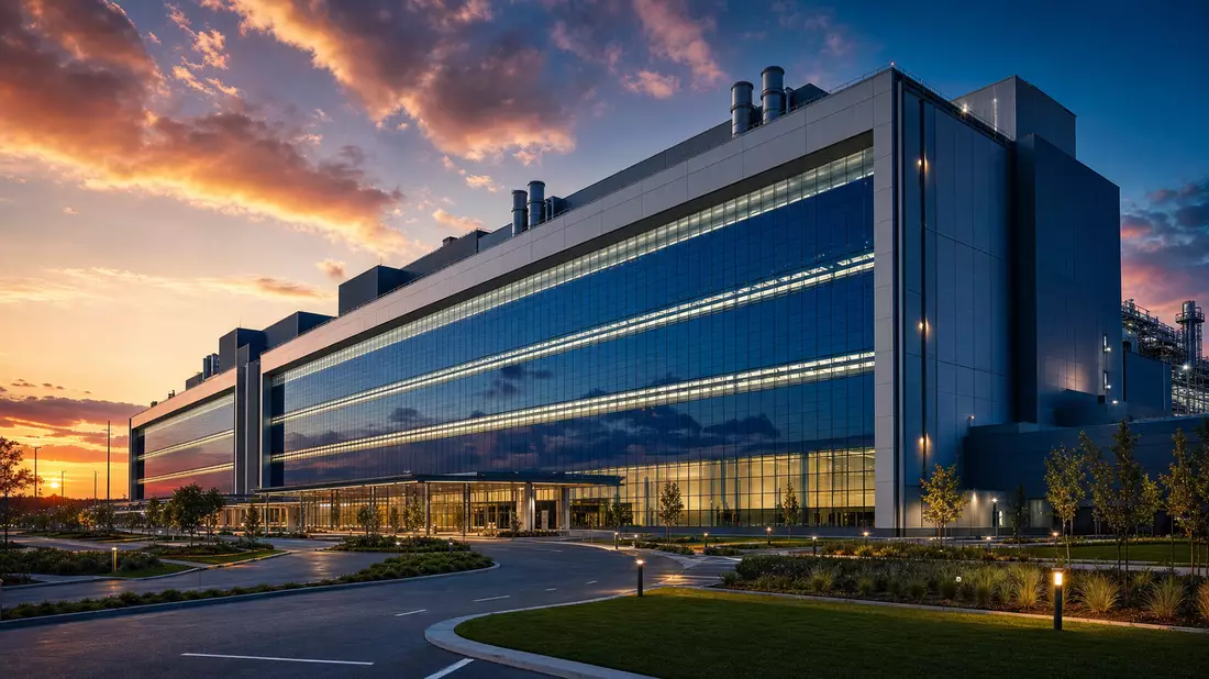 Architectural exterior of a modern semiconductor fabrication facility at dusk, massive blue glass curtain wall with horizontal light bands, industrial HVAC stacks on roof, landscaped entry road