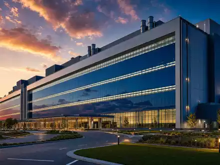 Intel Corporation US4581401001 modernes Halbleiterwerk mit groĂen blauen Glasfassaden und horizontalen Reinraum-LichtbĂ€ndern - Foto: THN
