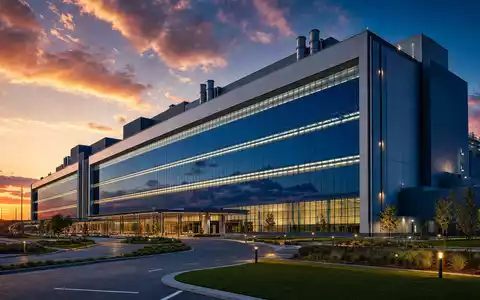 Intel Corporation US4581401001 modernes Halbleiterwerk mit großen blauen Glasfassaden und horizontalen Reinraum-Lichtbändern - Foto: THN