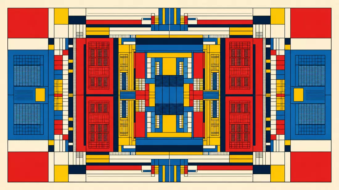 Bauhaus style geometric poster showing a CPU die layout as flat color blocks in red yellow blue and 