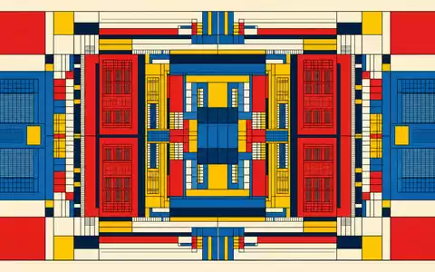 Intel Corporation US4581401001 als geometrisches Bauhaus-Poster mit CPU-Die-Layout und Primärfarben plus Blau - Foto: THN