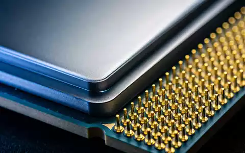 Intel Corporation US4581401001 zeigt eine extreme Makro-Nahaufnahme eines CPU-Chips mit goldenem Pin-Grid-Array - Foto: THN