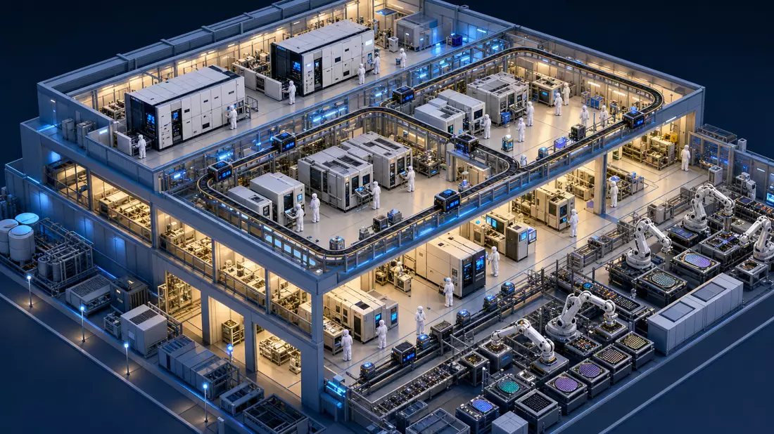 Isometric 3D illustration of a semiconductor fab interior cutaway showing multiple cleanroom floors with lithography machines, automated wafer transport tracks, packaging stations and tiny bunny-suited figures