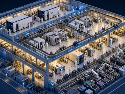 Intel Corporation US4581401001 als isometrische 3D-Illustration einer Fab mit Lithographie-Maschinen und Wafer-Tracks - Foto: THN