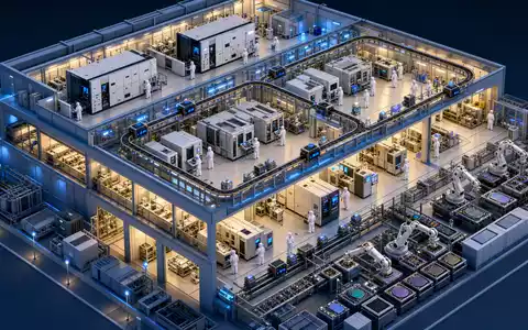 Intel Corporation US4581401001 als isometrische 3D-Illustration einer Fab mit Lithographie-Maschinen und Wafer-Tracks - Foto: THN