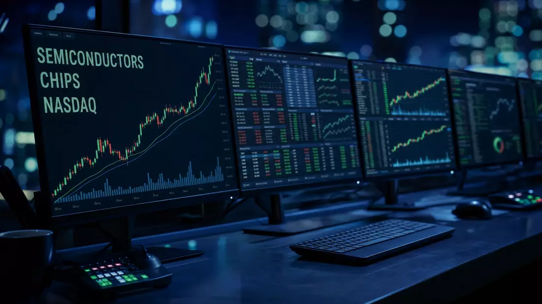 Dark professional trading desk with multiple monitors displaying candlestick charts and the words SEMICONDUCTORS CHIPS NASDAQ in green text, blue display glow, bokeh city lights in the background