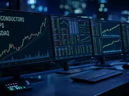 Intel Corporation US4581401001 Börsen-Editorial zeigt SEMICONDUCTORS CHIPS NASDAQ Text auf dunklen Profi-Monitoren - Foto: THN