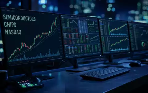 Intel Corporation US4581401001 Börsen-Editorial zeigt SEMICONDUCTORS CHIPS NASDAQ Text auf dunklen Profi-Monitoren - Foto: THN