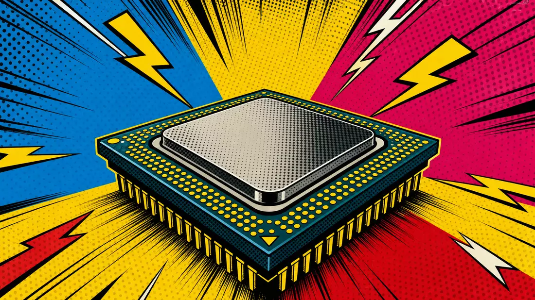 Roy Lichtenstein inspired pop art comic illustration of a CPU chip with bold halftone Ben-Day dot patterns in cyan magenta yellow, thick black outlines, lightning bolt energy lines radiating outward