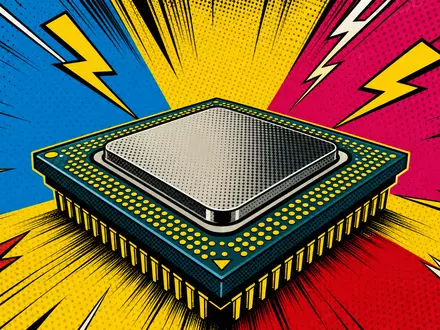 Intel Corporation US4581401001 im Pop-Art-Comic-Stil: Chip mit Halftone-Punkten, Blitzen und explosiven Comic-Energie-Linien - Foto: THN