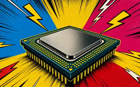 Intel Corporation US4581401001 im Pop-Art-Comic-Stil: Chip mit Halftone-Punkten, Blitzen und explosiven Comic-Energie-Linien - Foto: THN