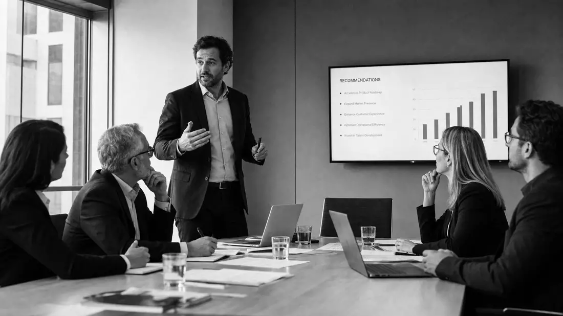 Black and white documentary photograph of a business consultant standing at the head of a conference table, gesturing during a presentation to four seated clients with laptops and documents, a screen showing recommendations visible on the wall behind them