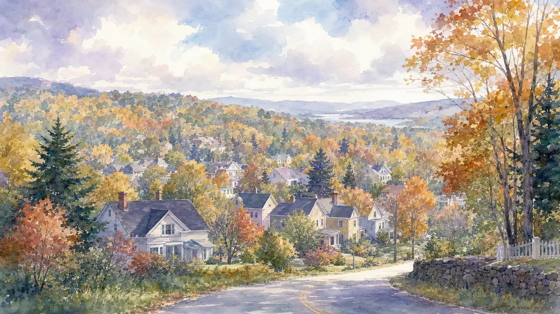 Soft watercolor painting of a leafy New England suburban town nestled amid autumn forested hills, warm amber and gold foliage filling the hillsides, residential homes with pitched roofs visible through the trees, a winding country road in the foreground b