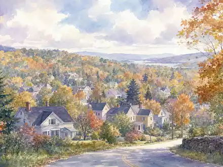 IBM Hauptsitz in Armonk New York als Aquarell mit Wäldern und Häusern US4592001014 - Foto: THN