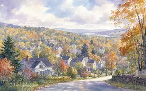 IBM Hauptsitz in Armonk New York als Aquarell mit Wäldern und Häusern US4592001014 - Foto: THN