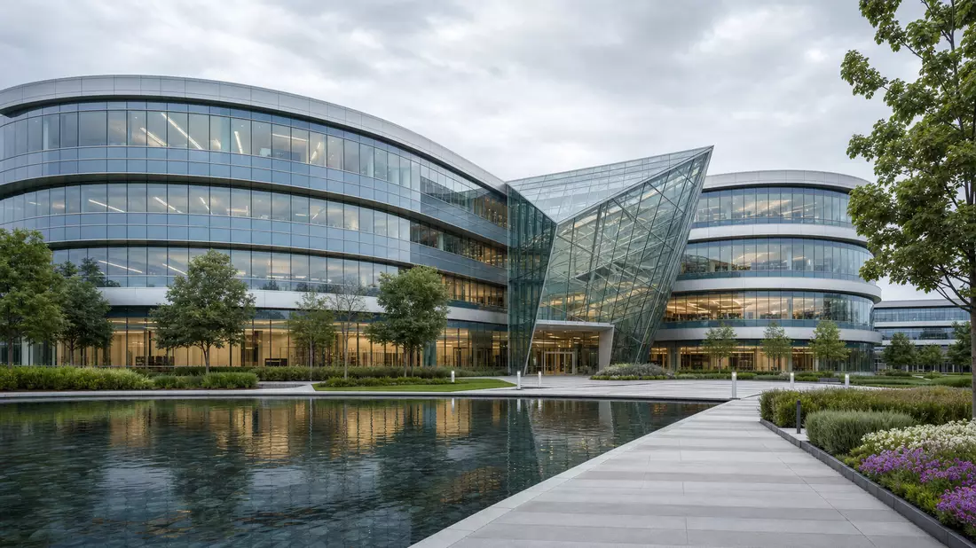 Architectural exterior photograph of a modern corporate research campus, a curved multi-story glass and steel building with a dramatic angular glass atrium entrance, reflected in a long still water feature surrounded by manicured lawns and ornamental plan