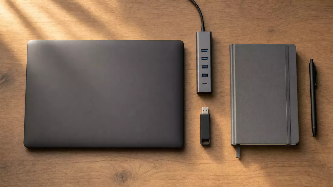 Overhead flat lay product photograph on warm natural wood showing a plain unbranded black closed laptop, a multi-port USB hub, a USB flash drive, a dark hardcover notebook with elastic band, and a black pen, all arranged with deliberate spacing under warm