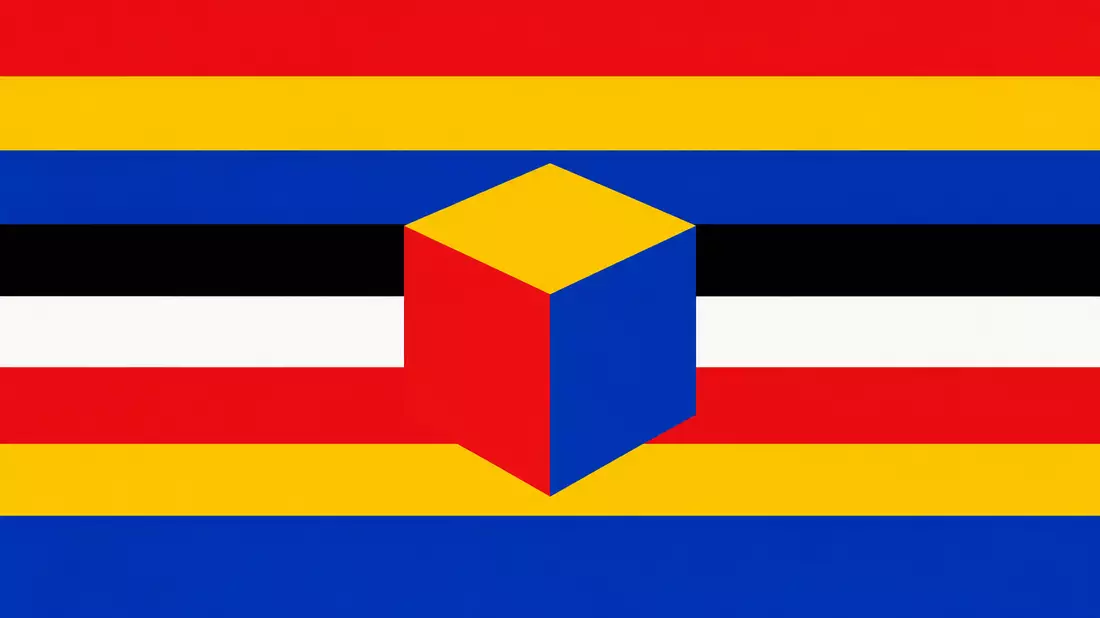 Bauhaus-style graphic design poster with bold horizontal color bands of red, yellow, cobalt blue, black, and white spanning the full width, an isometric cube rendered in primary red, yellow, and blue centered in the composition, strict geometric construct