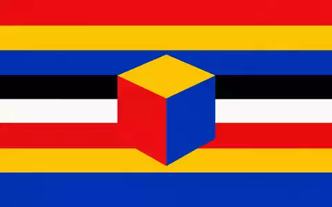 IBM Bauhaus Poster mit horizontalen Farbstreifen, geometrischem Würfel, Primärfarben und Blau US4592001014 - Foto: THN