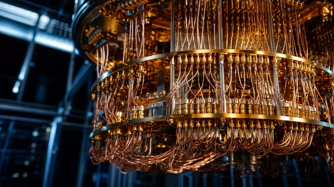 Extreme close-up macro photograph of a quantum computer dilution refrigerator chandelier, cascading 