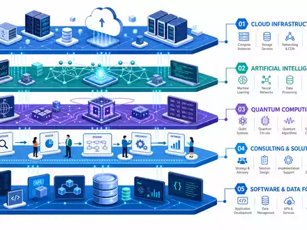 IBM Enterprise Tech Stack isometrisch mit Cloud AI Quantum und Consulting Sektoren US4592001014 - Foto: THN
