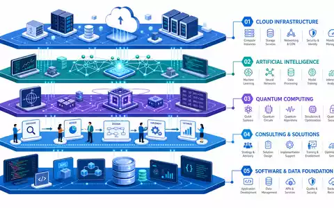 IBM Enterprise Tech Stack isometrisch mit Cloud AI Quantum und Consulting Sektoren US4592001014 - Foto: THN