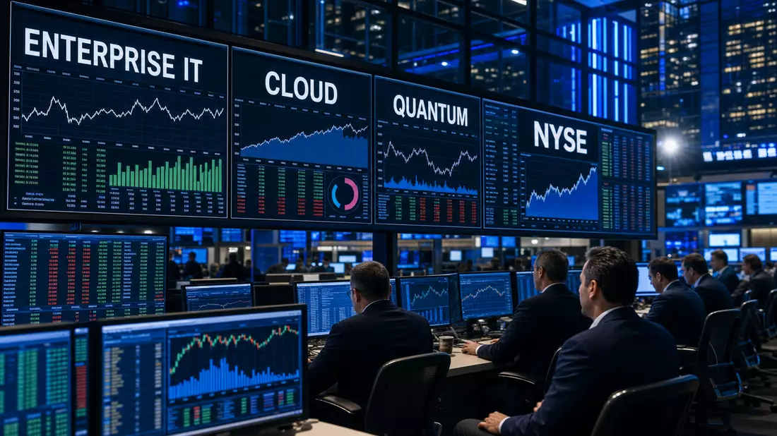 Editorial stock trading floor photograph with large wall-mounted monitors displaying sector labels ENTERPRISE IT, CLOUD, QUANTUM, and NYSE in bold white text on dark screens, with financial line charts and data grids below, traders seated at workstations 
