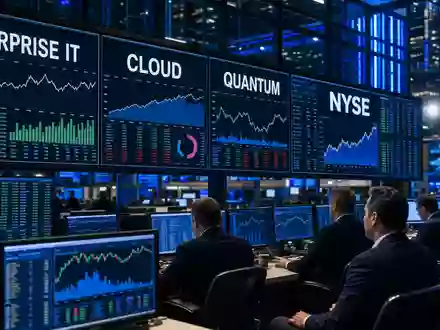 IBM Börsensaal Monitore zeigen ENTERPRISE IT CLOUD QUANTUM NYSE und neutrale Charts US4592001014 - Foto: THN