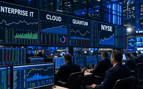 IBM Börsensaal Monitore zeigen ENTERPRISE IT CLOUD QUANTUM NYSE und neutrale Charts US4592001014 - Foto: THN