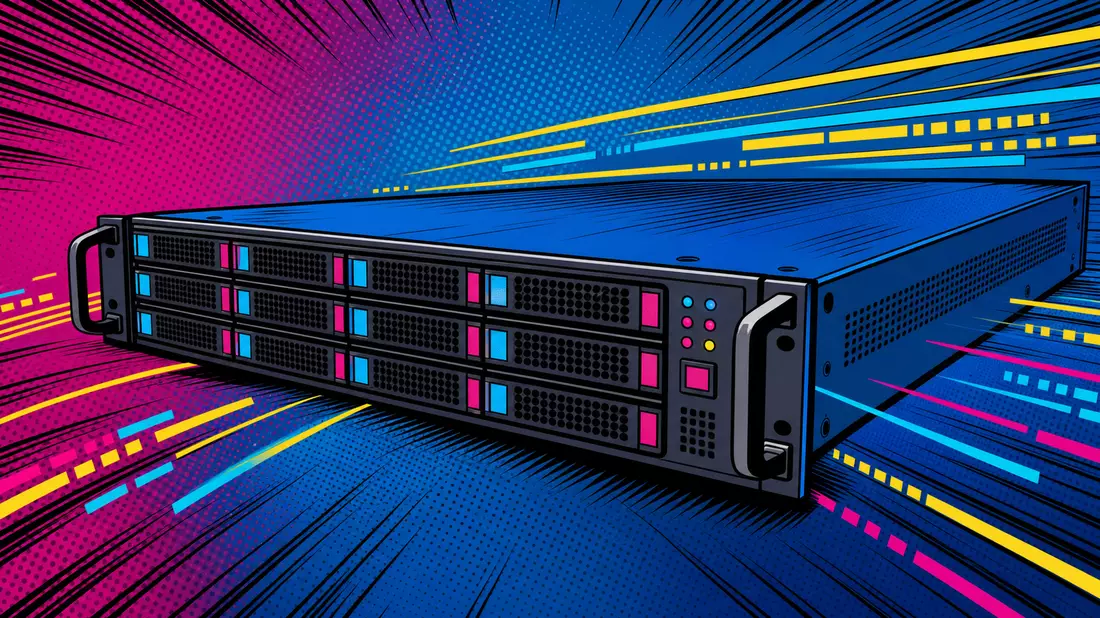 Pop art comic book illustration of a stylized rack-mount server unit with bold black outlines and flat vibrant colors, Ben-Day halftone dot patterns in the magenta and blue background, dynamic cyan and yellow data stream lines shooting horizontally across