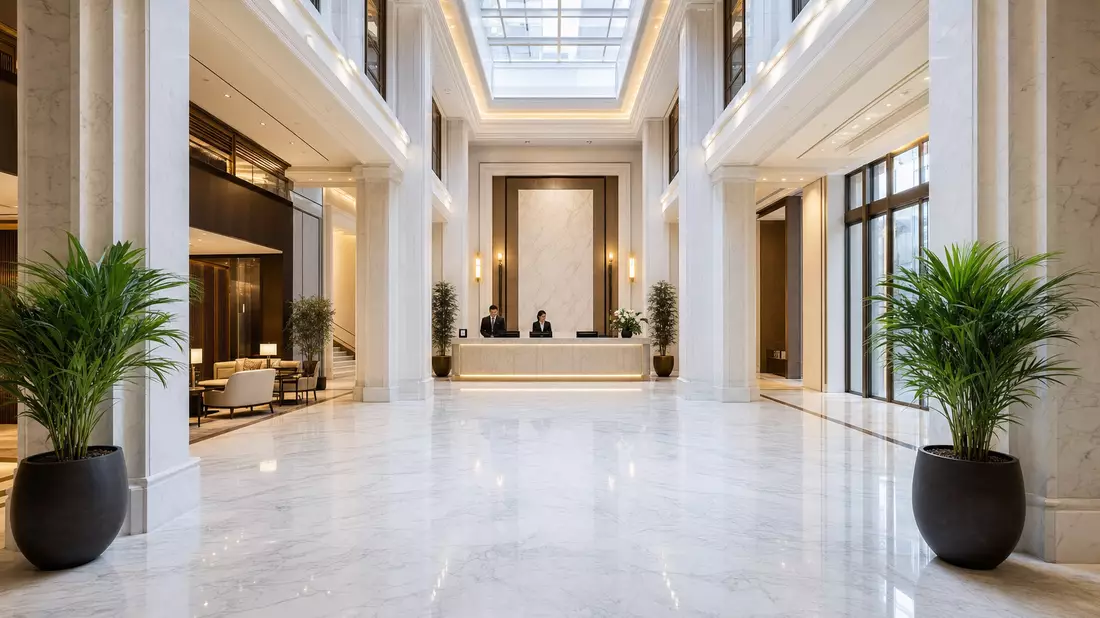 Grand bank reception hall with polished white marble floors, tall marble columns, skylight atrium, and professional staff at elegant reception desk. Photorealistic wide panoramic view, bright and welcoming atmosphere