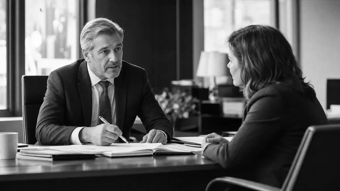 Black and white documentary photograph of a bank branch manager in suit consulting with a seated client across a desk. Natural window light, papers on desk, shallow depth of field, reportage style
