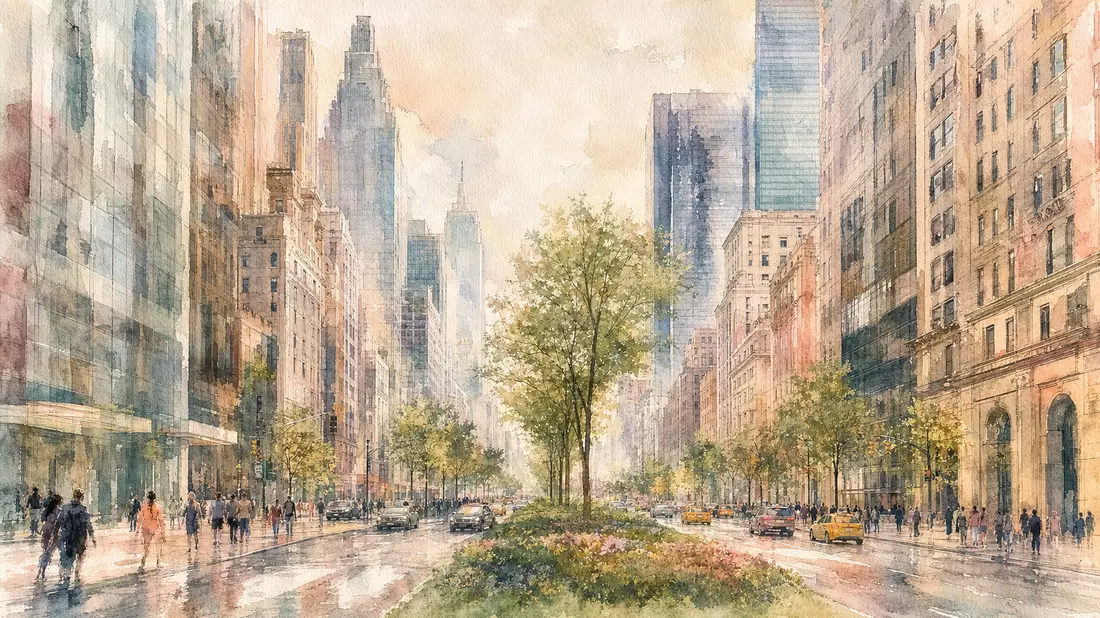Soft watercolor painting of New York City Park Avenue with tall skyscrapers lining both sides, green median trees, pedestrian silhouettes, warm pastel tones of peach, blush, sage and soft blue, wet-on-wet washes