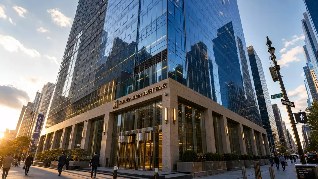 Architectural photograph of a modern bank headquarters in New York City, sleek curtain-wall glass fa