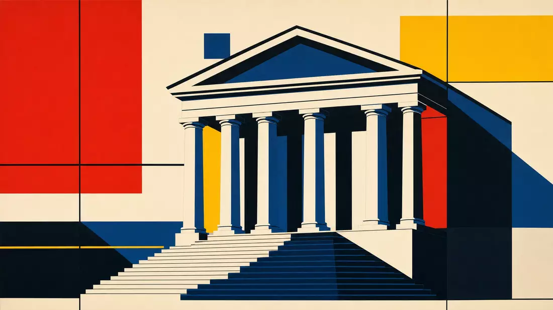 Bauhaus-style graphic design poster featuring a geometric neoclassical bank temple with columns and grand staircase, flat primary colors of red yellow and navy blue, ruled lines, 1920s design movement aesthetic
