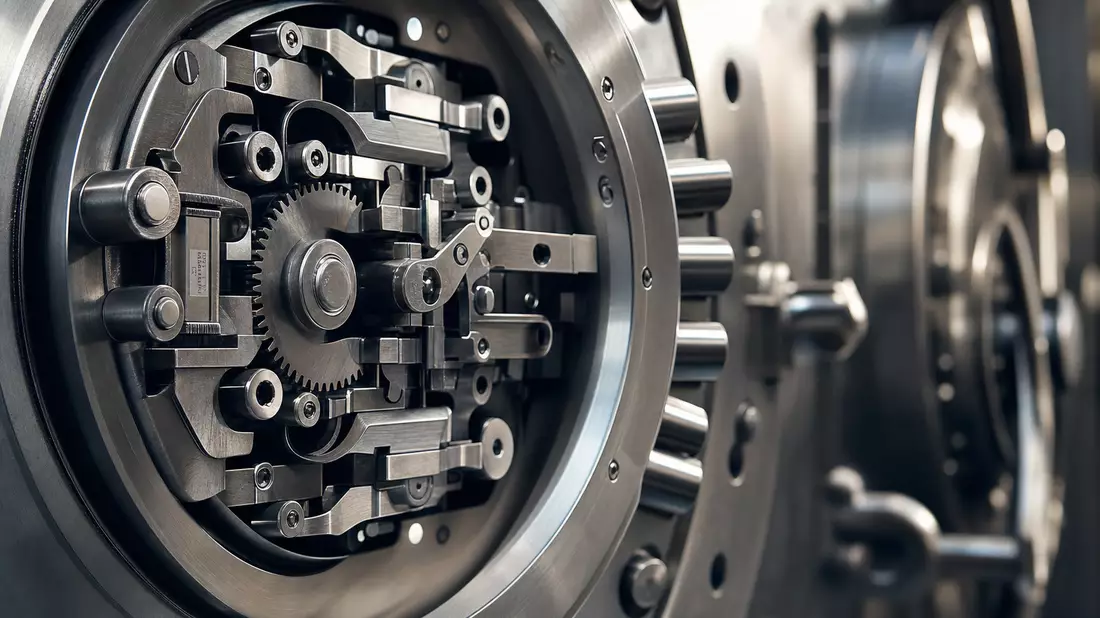 Extreme macro photograph of a bank vault lock mechanism showing interlocking stainless steel gears, tumblers, and precision-machined components. Dramatic side lighting, cool metallic tones, shallow depth of field