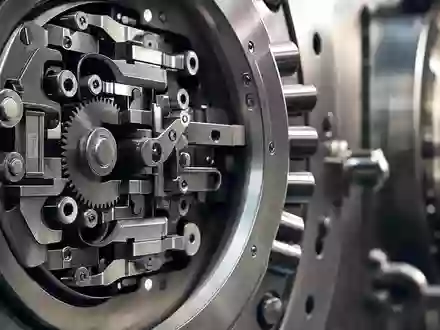 JPMorgan Chase (US46625H1005) steht für höchste Sicherheit: Makroaufnahme eines Tresorschloss-Mechanismus aus poliertem Edelstahl - Foto: THN