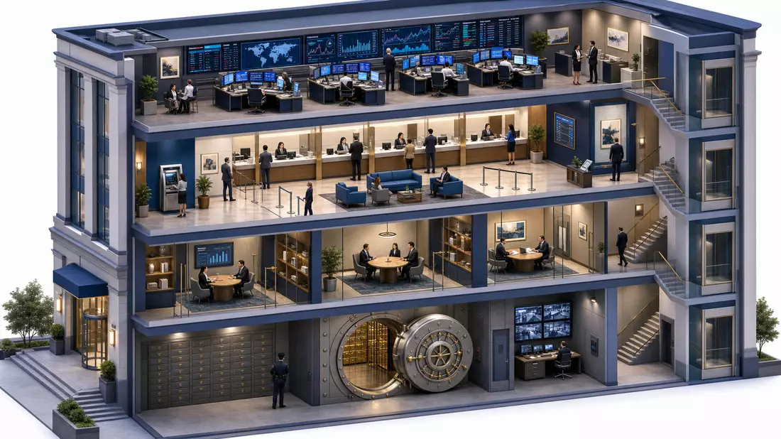 Isometric 3D cutaway illustration of a bank building with four floors: trading room with monitors, retail branch with teller counters, wealth management meeting rooms, and vault room with circular vault door. Blue and gold tones