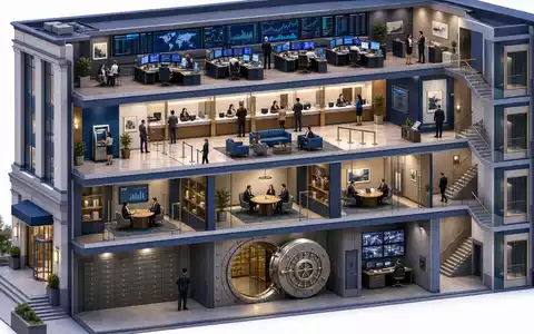 JPMorgan Chase (US46625H1005) vereint Trading-Floor, Retail-Filiale, Wealth Management und Tresor in isometrischem Querschnitt - Foto: THN