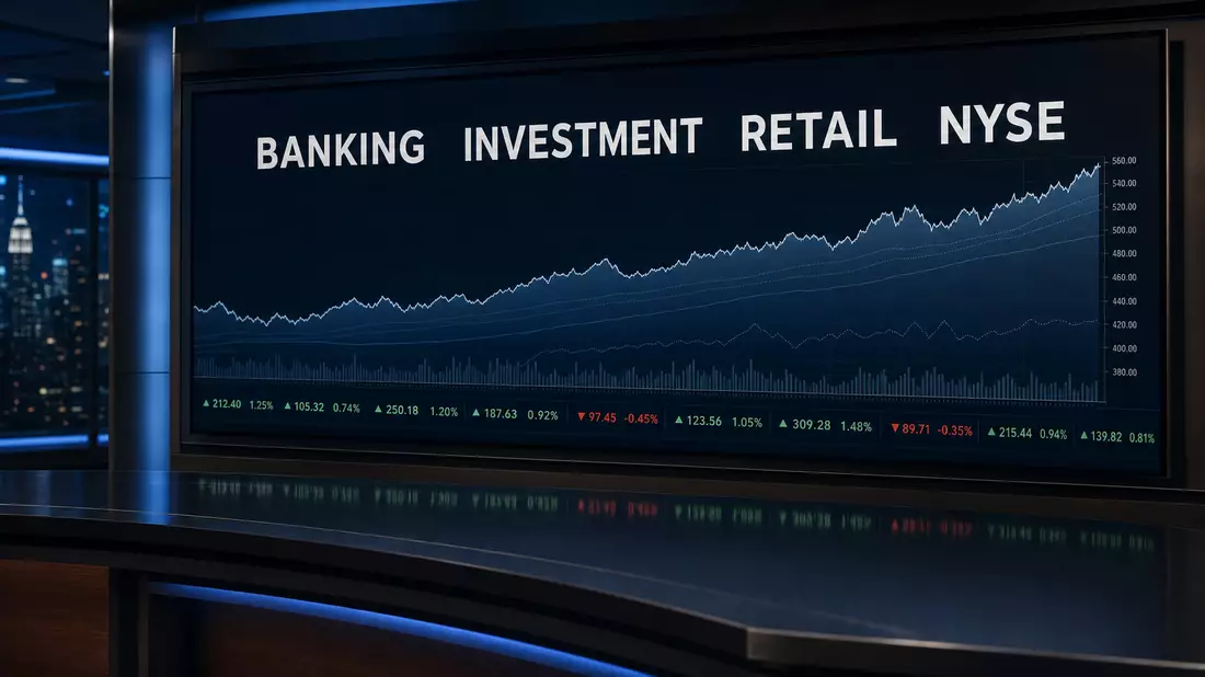 Editorial photograph of a large dark financial monitor displaying white text BANKING INVESTMENT RETA