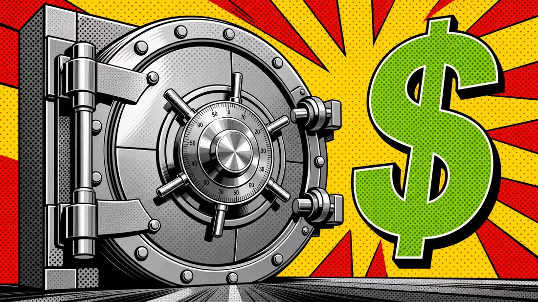 Pop art comic book illustration of a stylized bank vault door with chrome dial, bold black outlines, halftone dot background in yellow and red, large comic dollar sign in bright green, Ben-Day dots, Lichtenstein-inspired retro style