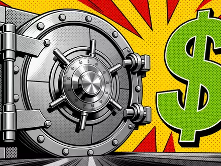JPMorgan Chase (US46625H1005) als Pop-Art-Ikone: Stilisierter Tresor mit Halftone-Punkten und Comic-Dollar-Symbol in Signalfarben - Foto: THN