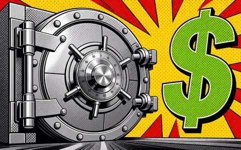 JPMorgan Chase (US46625H1005) als Pop-Art-Ikone: Stilisierter Tresor mit Halftone-Punkten und Comic-Dollar-Symbol in Signalfarben - Foto: THN
