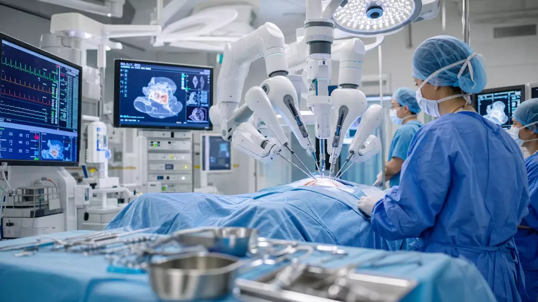 Modern hospital operating room with robotic surgical arms positioned above a draped patient, surgeons in blue sterile gowns monitoring vital-sign and anatomy screens, bright overhead surgical lighting, stainless steel instrument trays in the foreground