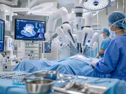 Johnson und US4781601046 zeigen modernen Krankenhaus OP mit Robotik Chirurgie und medizinischen Bildschirmen - Foto: THN