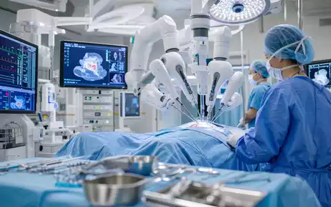 Johnson und US4781601046 zeigen modernen Krankenhaus OP mit Robotik Chirurgie und medizinischen Bildschirmen - Foto: THN